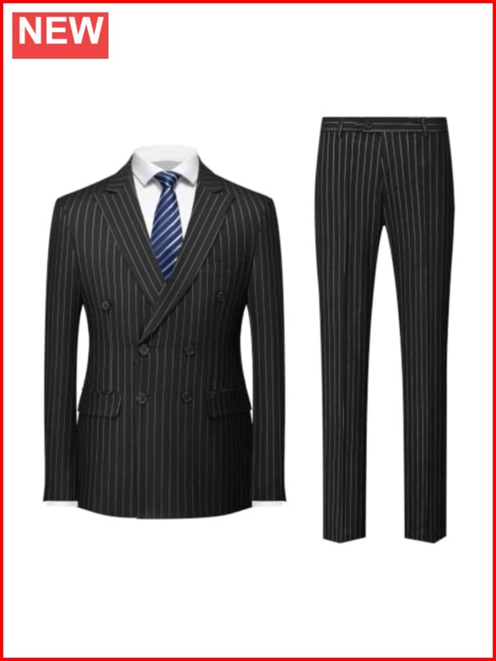 Mens Double Breasted Pinstripe Suit Slim Fit Tuxedo 2 Piece Set for Wedding Prom
